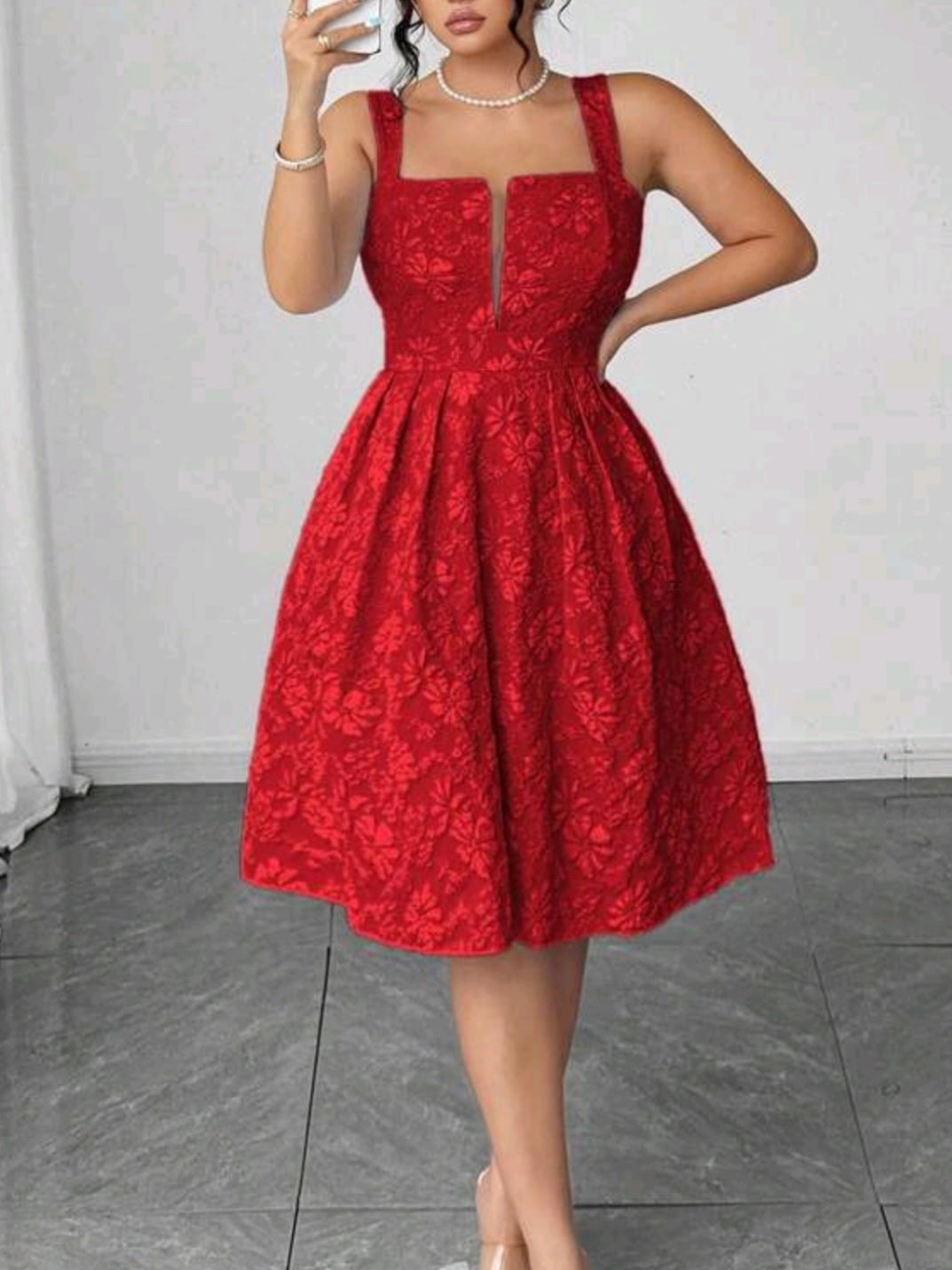 22213 V-Neck Jacquard Textured Fabric Waist Dress
