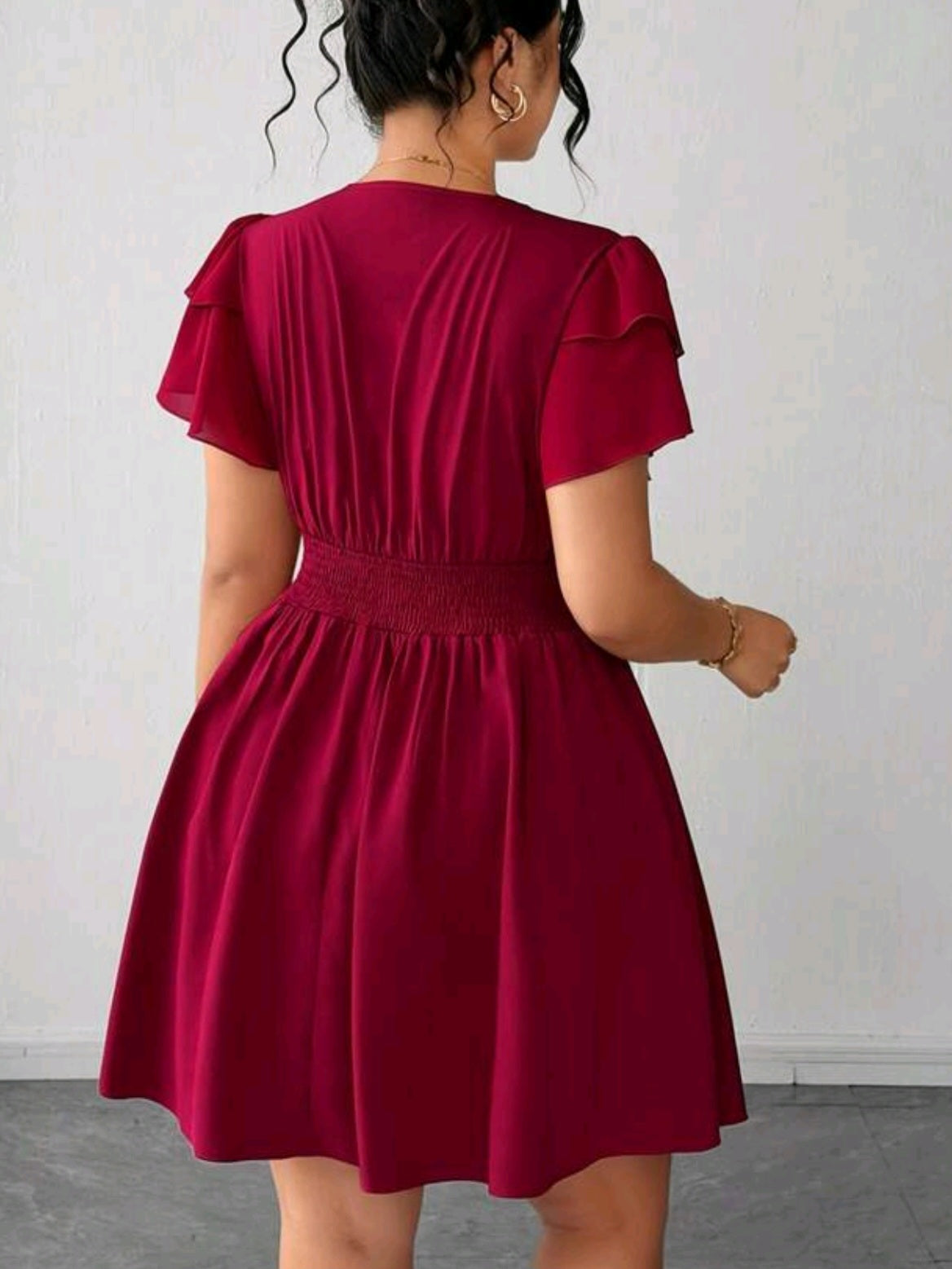 7915 Waist-Cinched Flutter Sleeve Dress