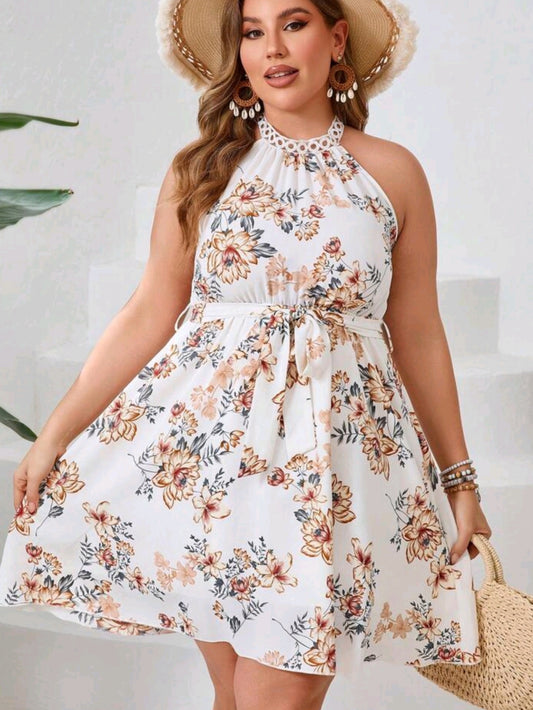 1601 Floral Print Halter Neckline Dress With Lace Trim