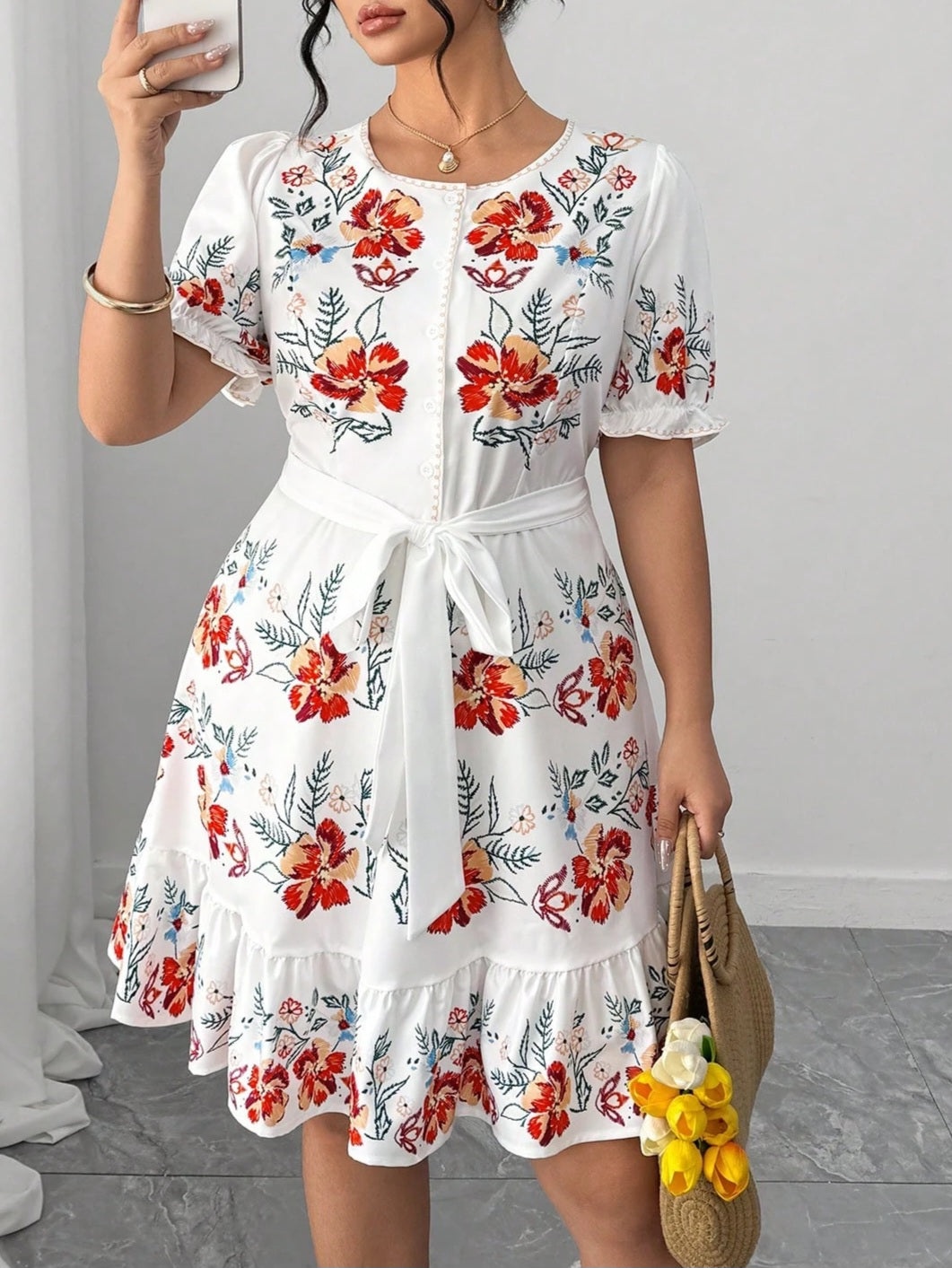 3585 Frill Trim Sleeve Bow Tie Waist Dress