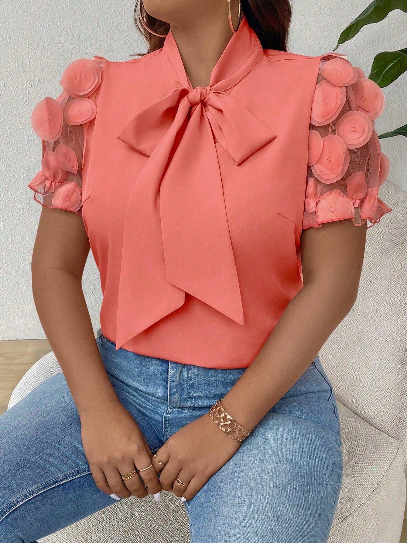 #4532 Elegant Casual Sleeve Contrast Mesh Blouse