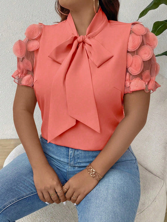 #4532 Elegant Casual Sleeve Contrast Mesh Blouse