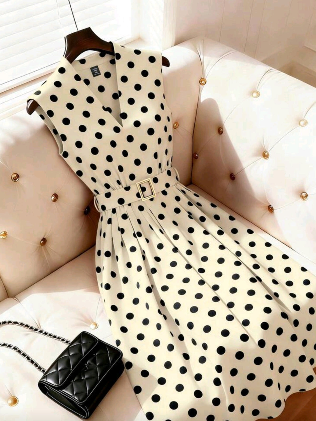 6203 V-Neck Polka Dot Print Cinched Waist A-Line Maxi Dress