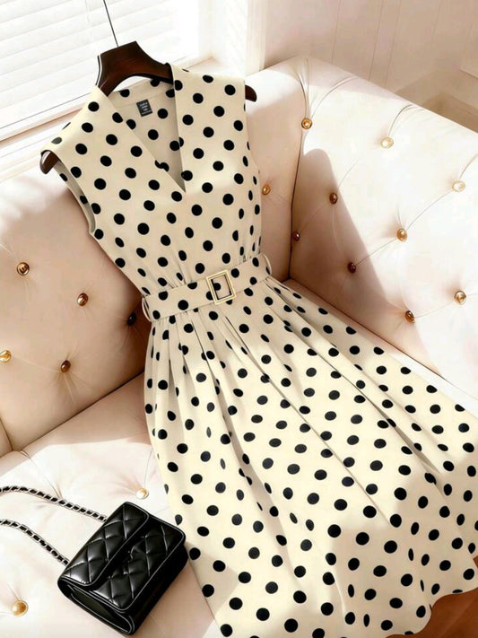 6203 V-Neck Polka Dot Print Cinched Waist A-Line Maxi Dress