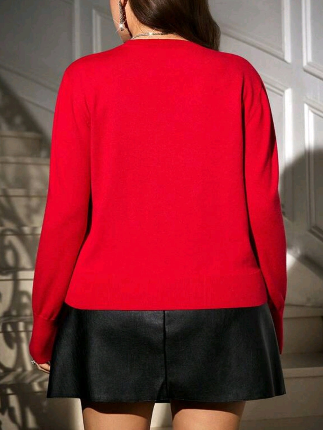 8727 Sequin Bow Decor Long Sleeve Crew Neck Sweater