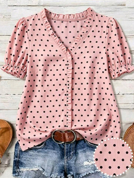 3755 Polka Dot V-Neck Ruffle Hem Blouse