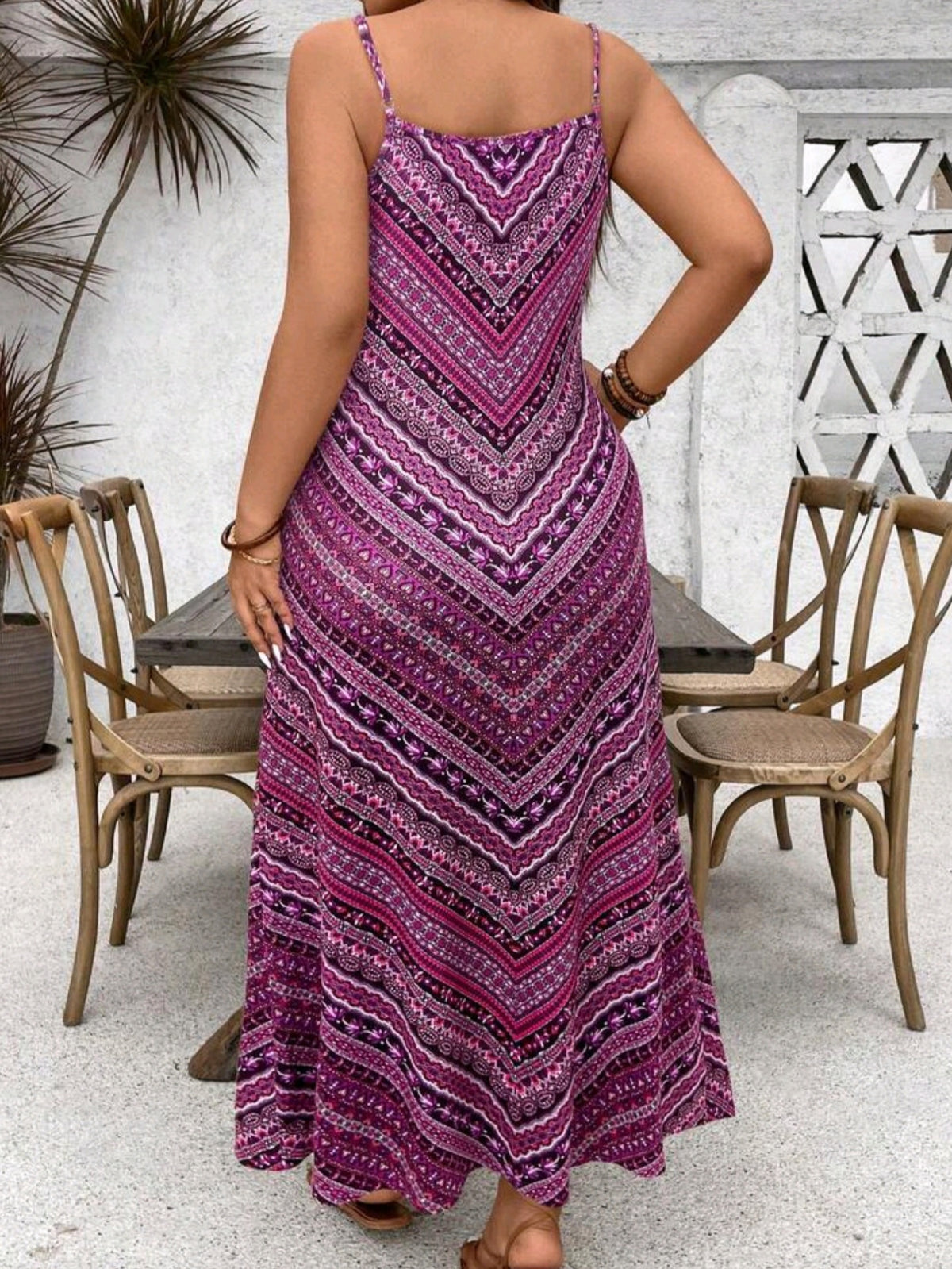 0395 Boho Vintage Style Striped Printing Spaghetti Strap Dress