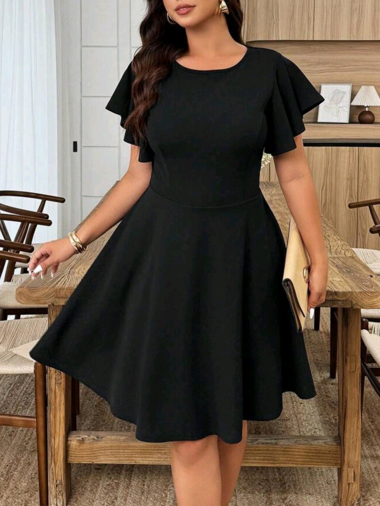 7390 Ruffle Sleeve A-Line Dress