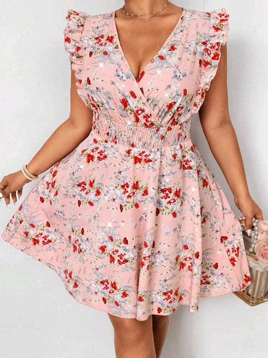 S #8888 Floral Prints Shirred Waist Short Cap Sleeve Dress