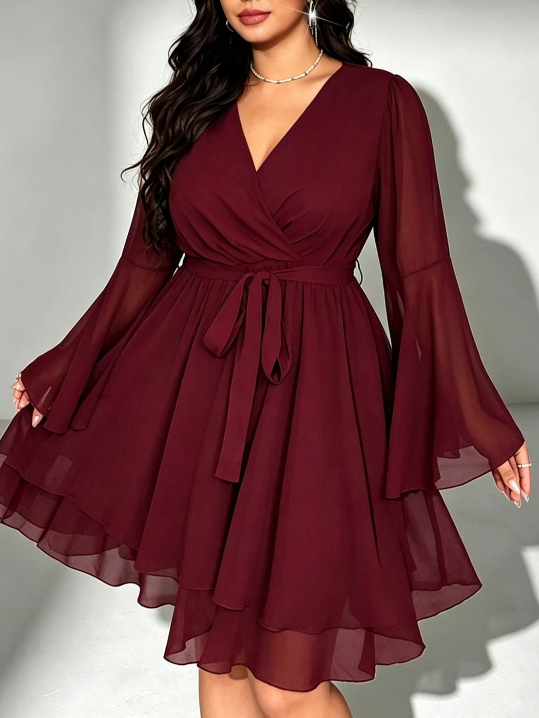 4661 V-Neck Waist Cinched A-Line Dress