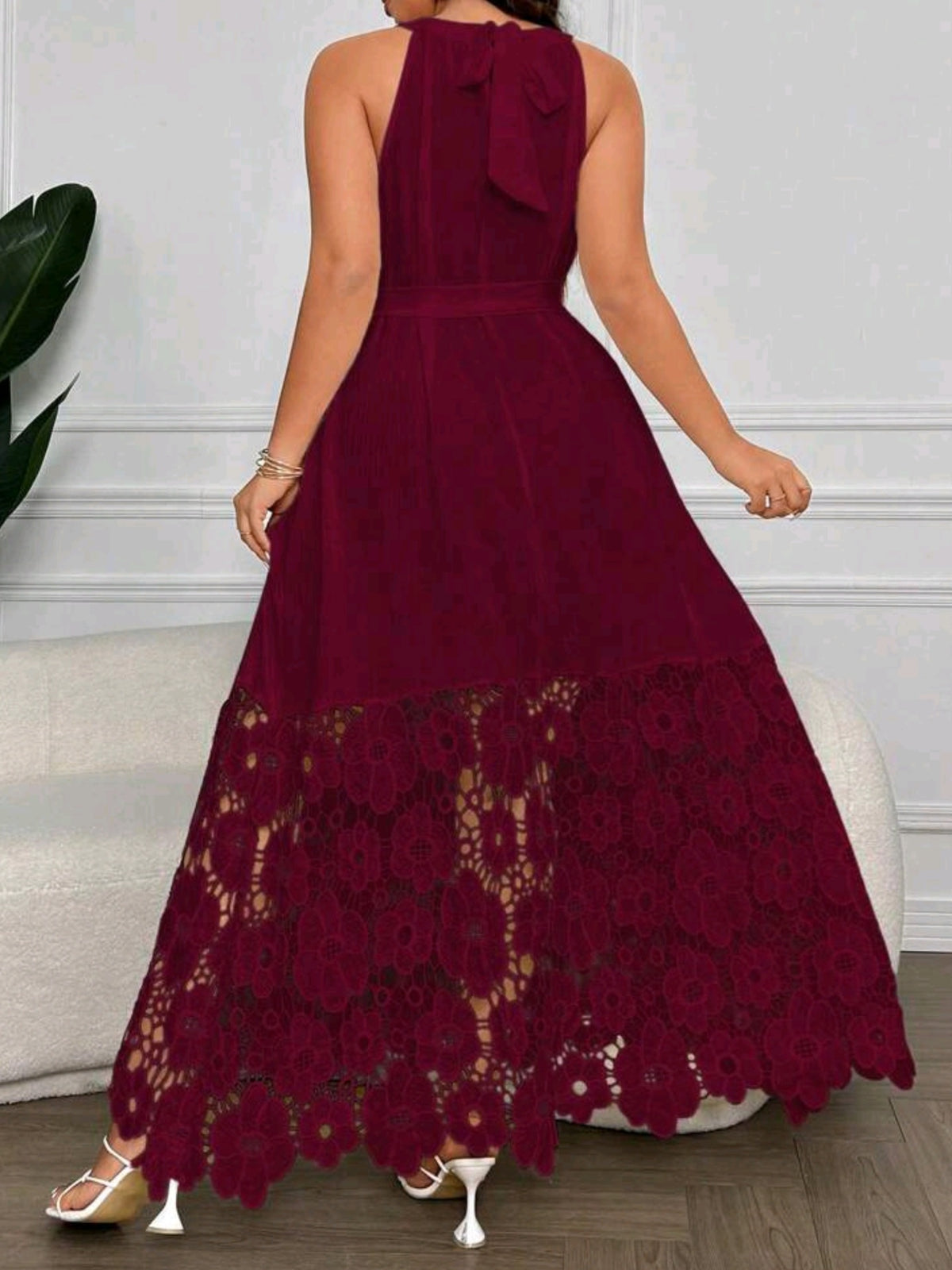 4403 Lace Patchwork Tie Neck Dress