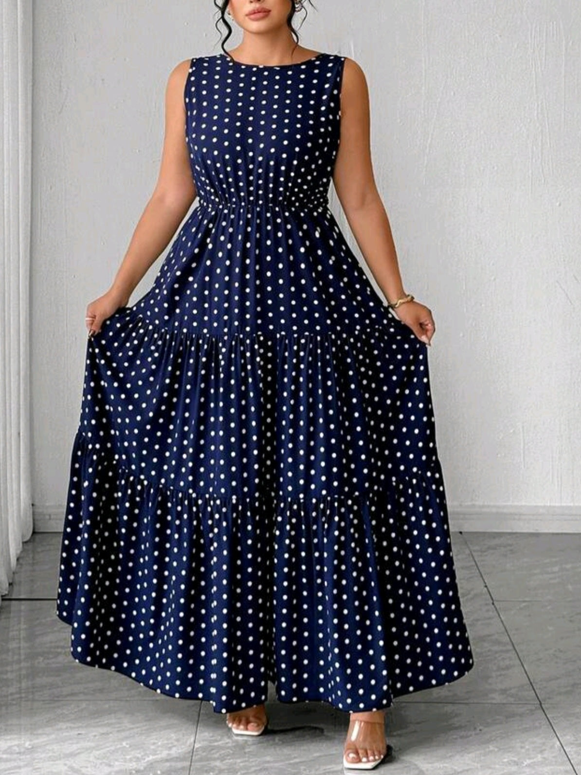 2489 Sleeveless Waist Cinched Flared Polka Dot Dress