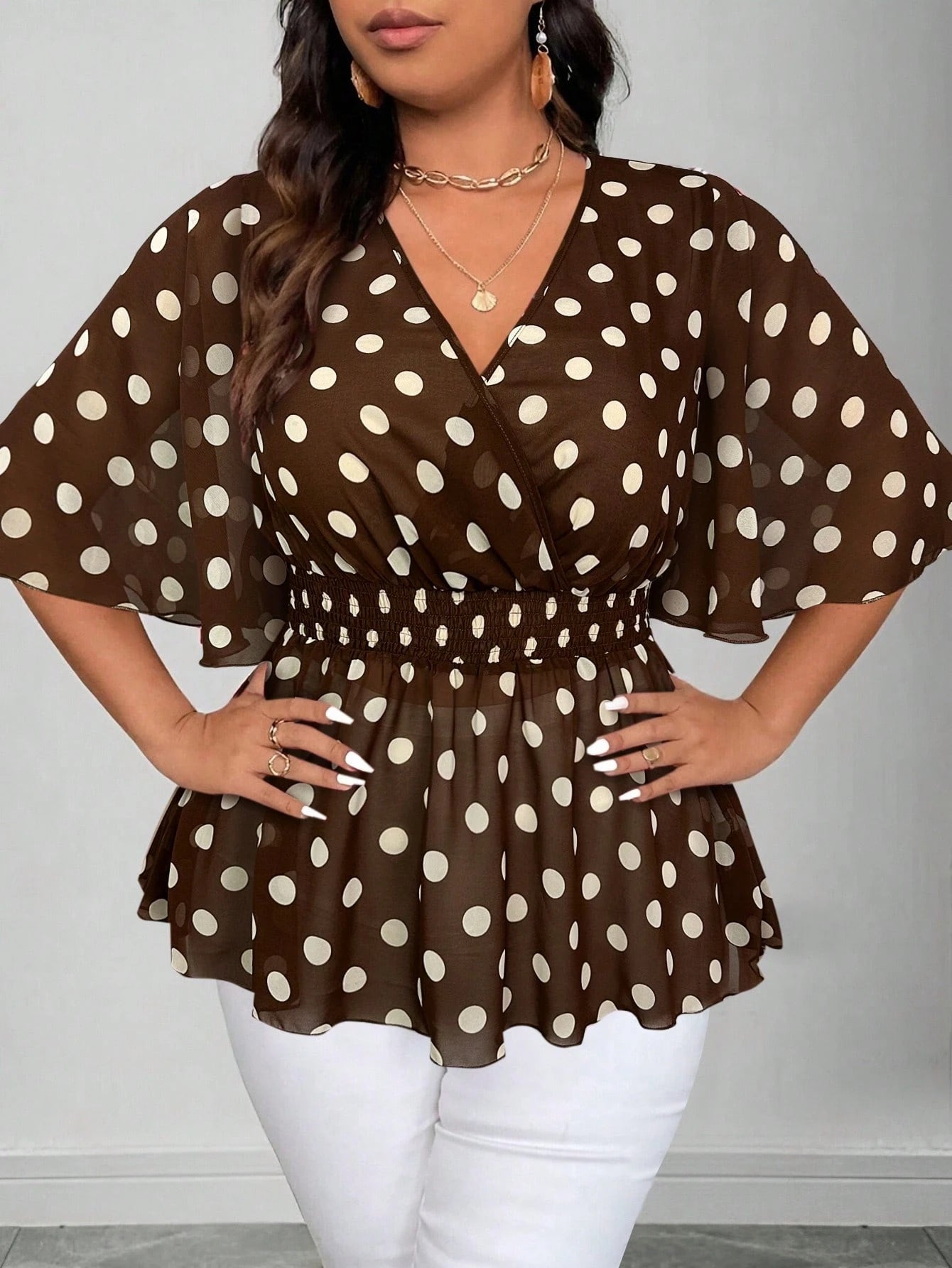 9575 Chiffon V-Neck Flare Sleeve Elastic Waist Ruffle Hem Blouse