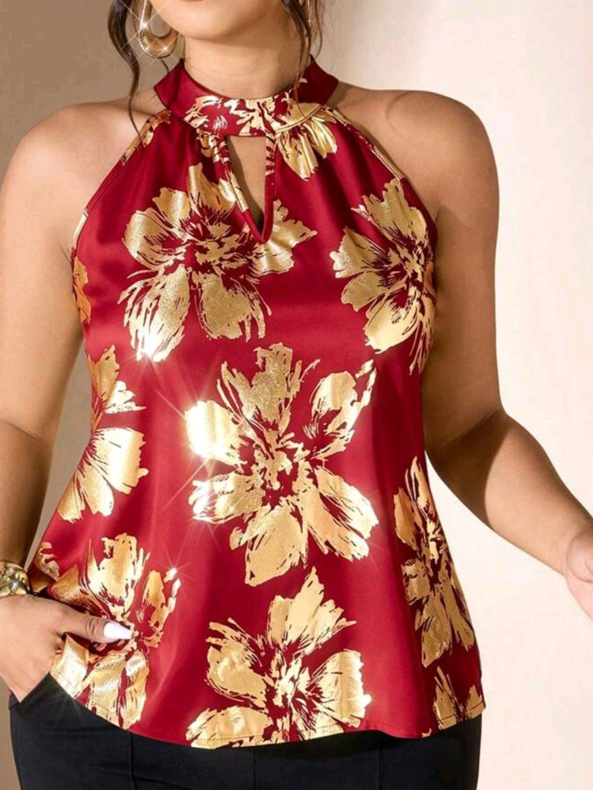 3806 Floral Print Stand Collar Sleeveless Top