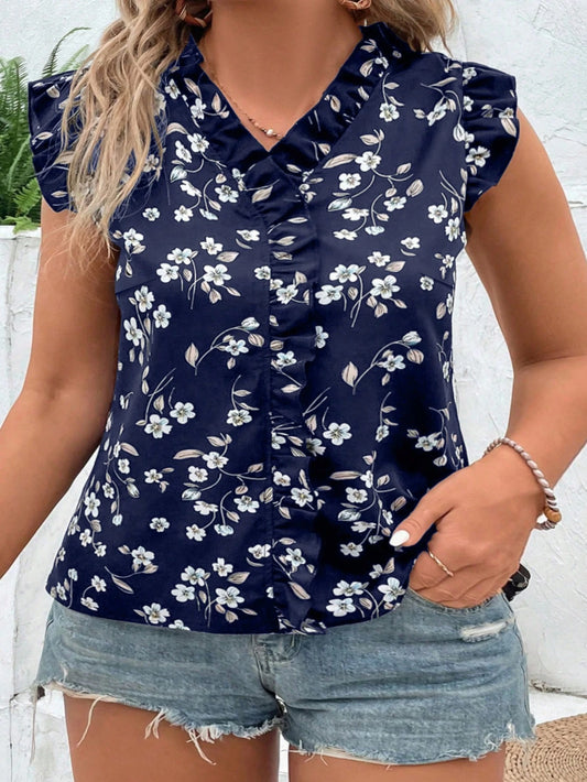 #4738 Ruffle Hem Ditsy Floral Flutter Sleeves Blouse