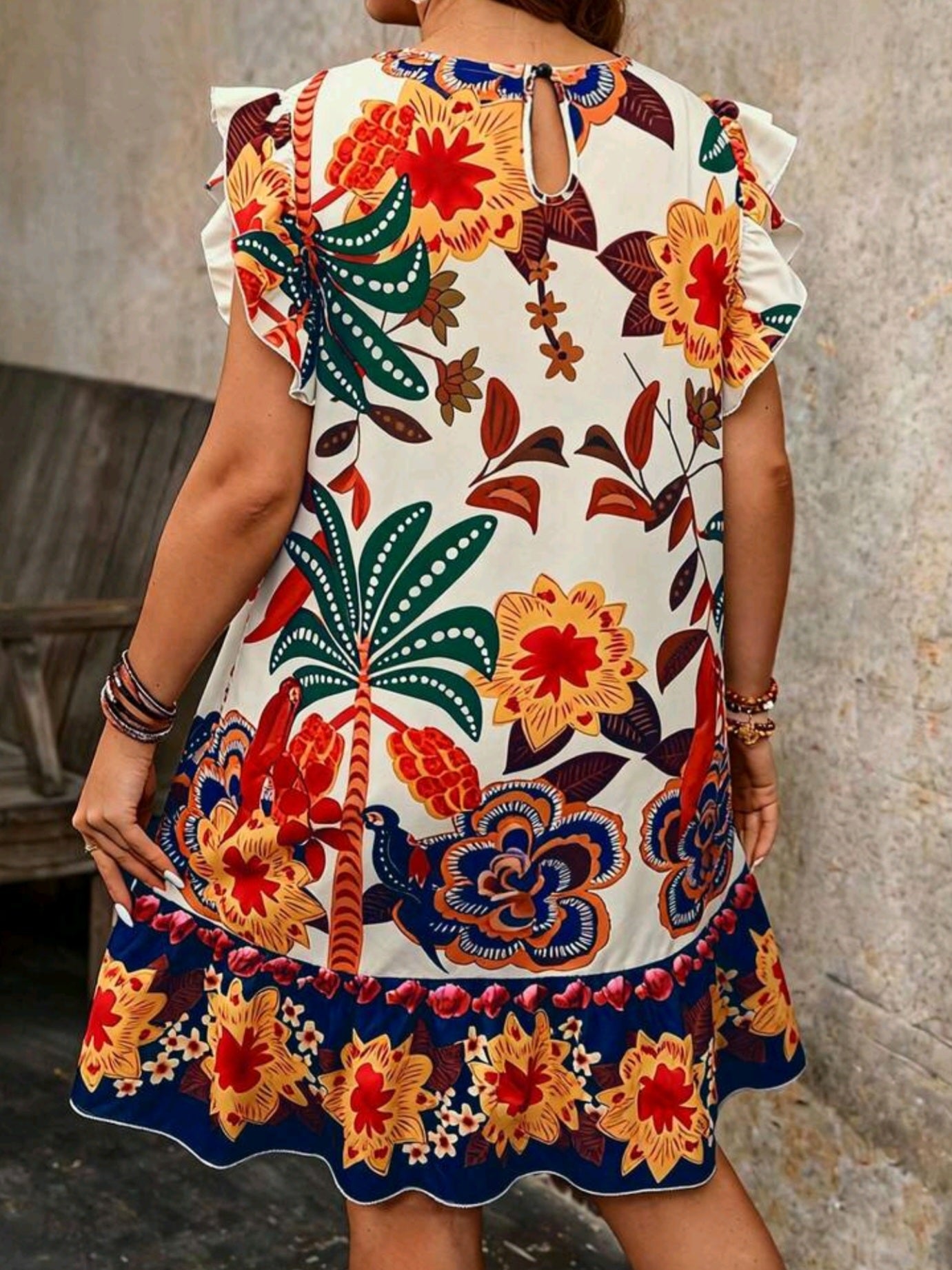 4502 Ruffled Sleeve Floral Print Loose Dress