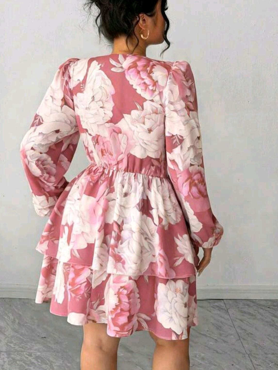 6082 Floral V-Neck Petal Sleeve Double Ruffle Hem Dress