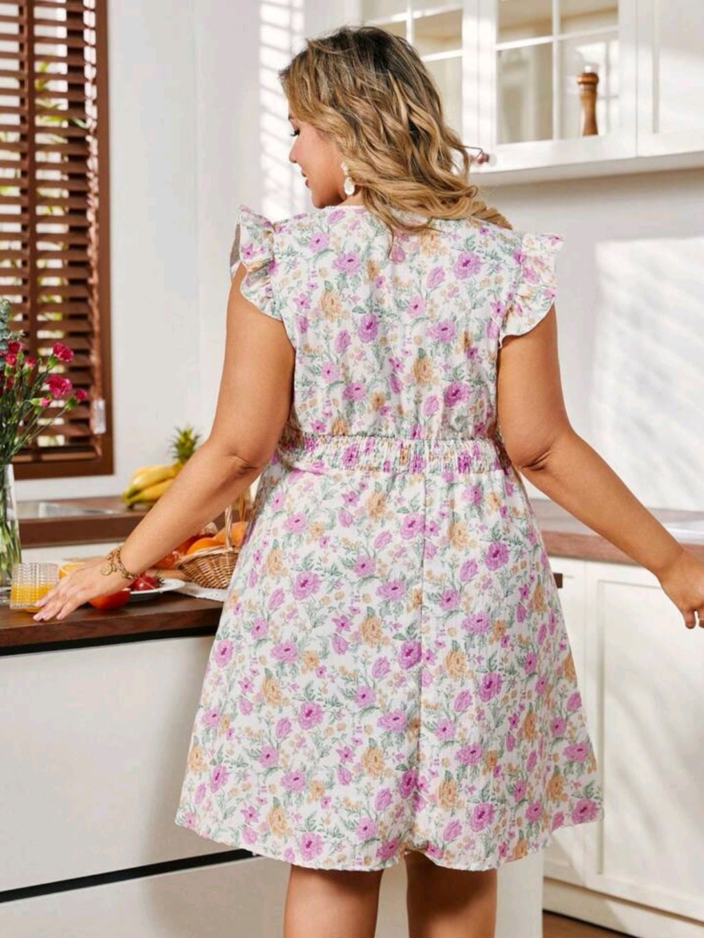 S #6156 Floral Print Cross V-Neck Ruffle Hem Dress