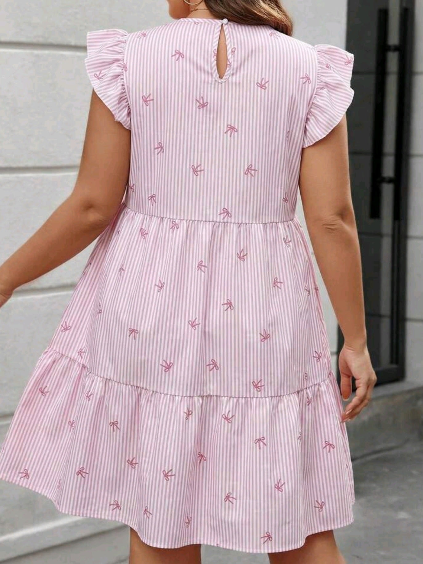 8467 Striped Bow Ruffle Hem Round Neck Sleeveless Dress