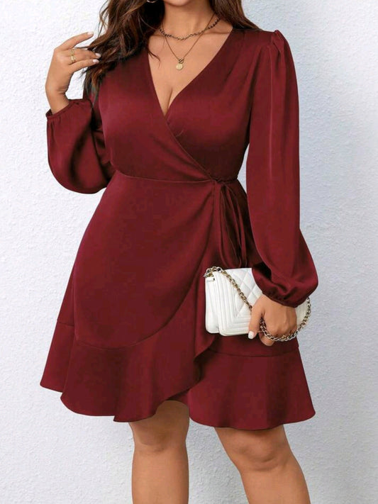 0966 Lantern Sleeve Side Tie Decor Satin Wrap Dress