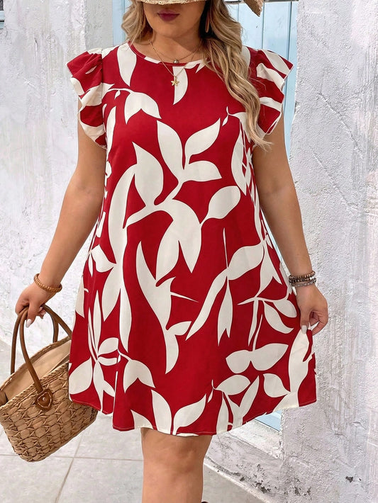 5306 Leaf Print Ruffle Hem Dress