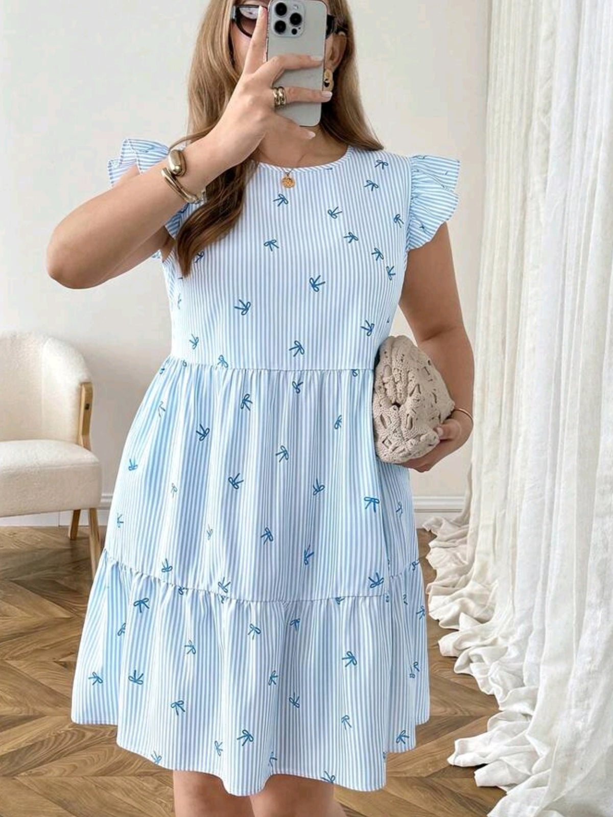 2491 Bow Pattern Round Neck Short Flutter Sleeve Dress