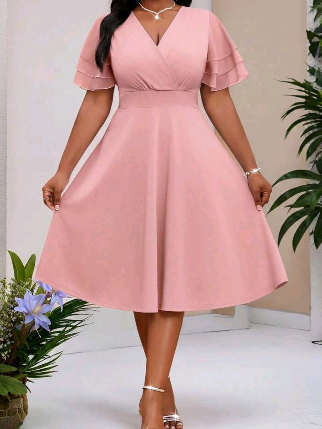 3168 Pleated Ruffle Sleeve Dress
