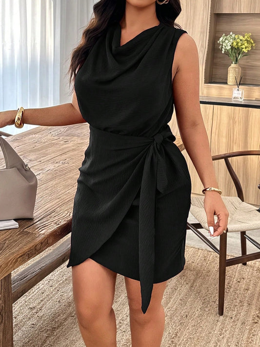 2716 Solid Color Draped Neck Twist Waist Sleeveless Dress