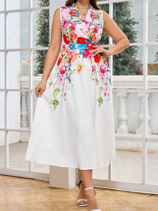 #0863 Elegant Women Floral Print Round Neck Sleeveless Dress