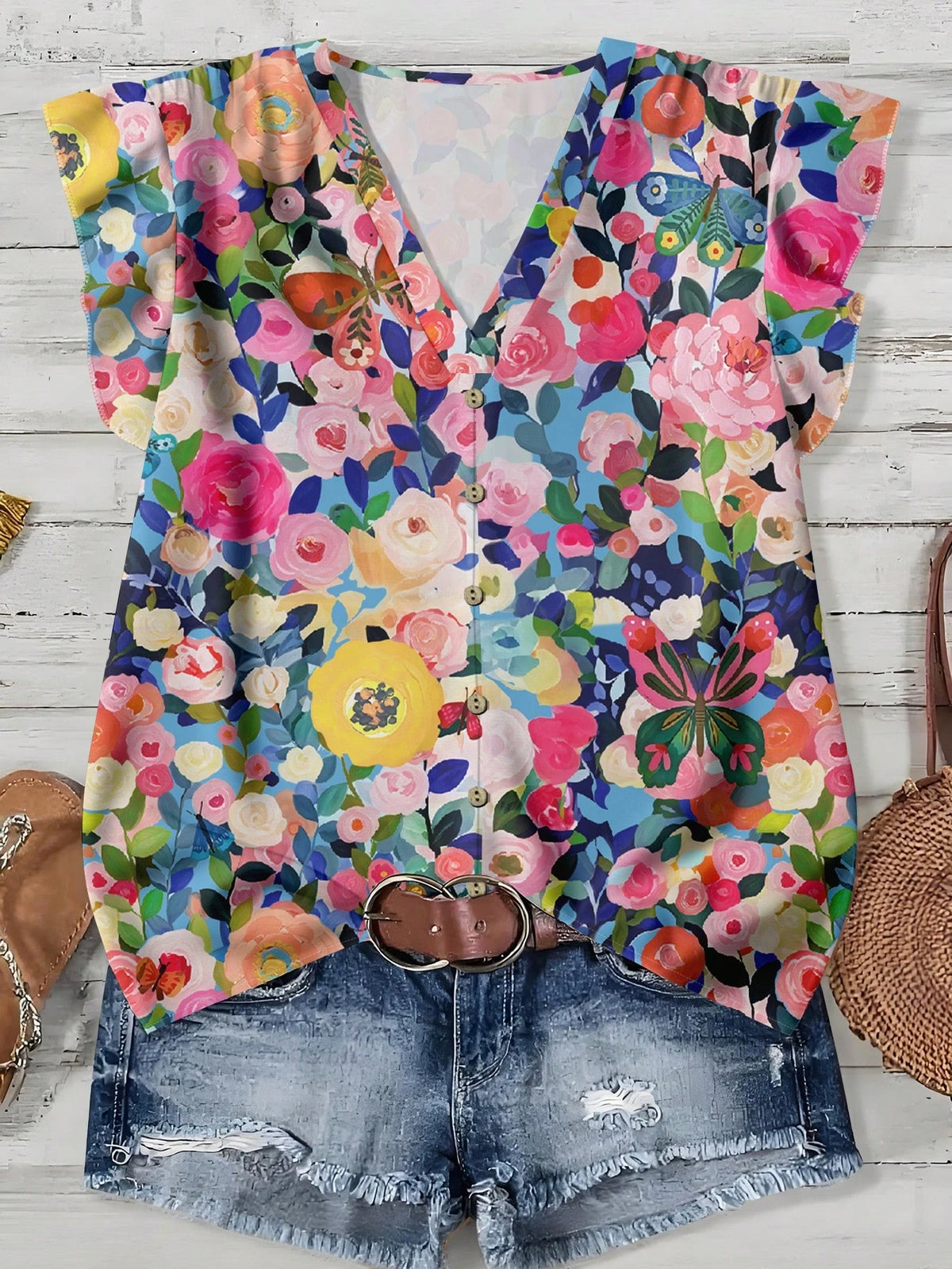 1373 Floral Cap Sleeve Blouse