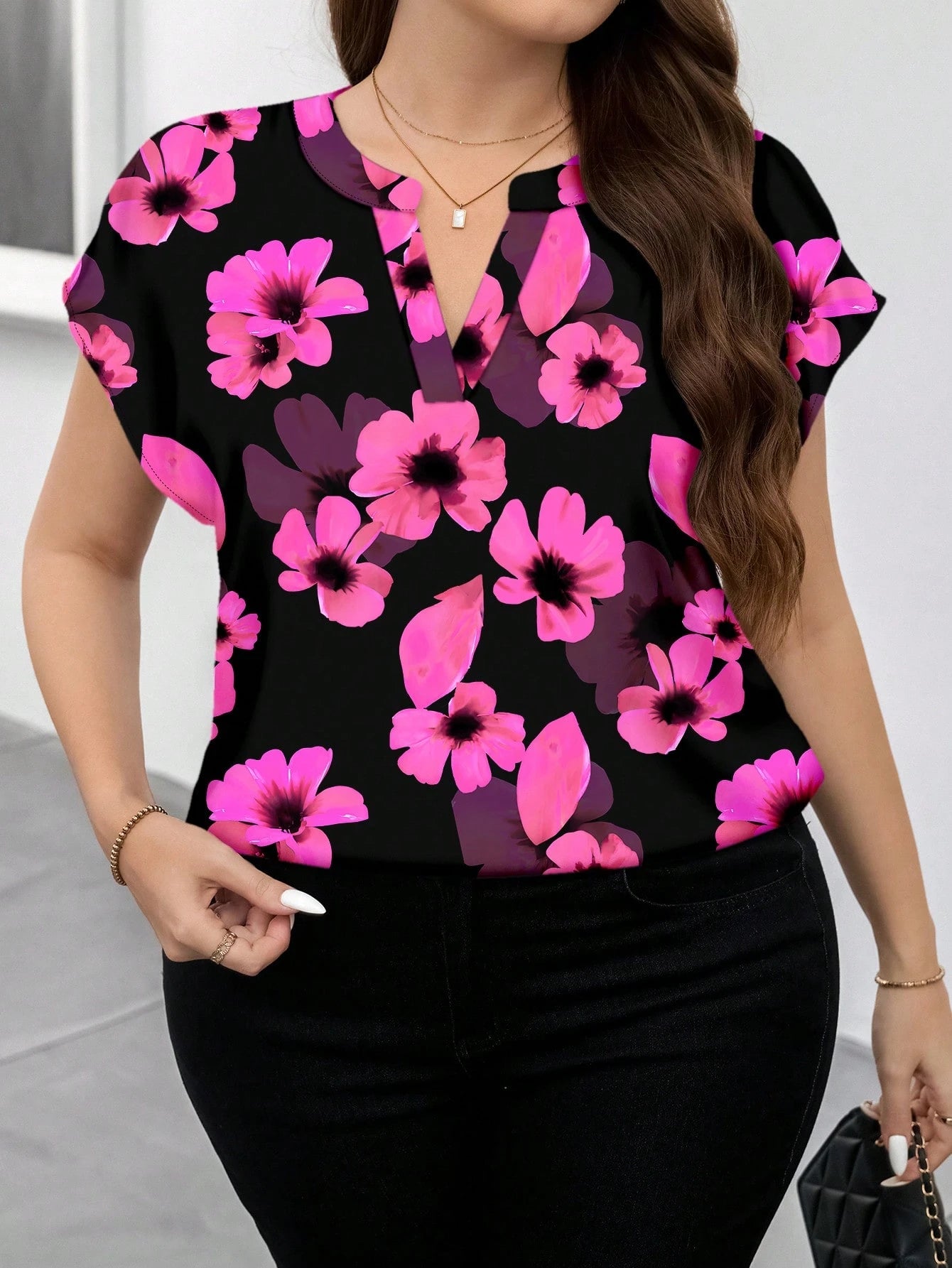 1752 Floral Print Notch Collar Top