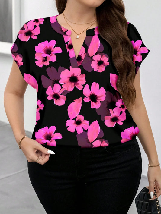 1752 Floral Print Notch Collar Top