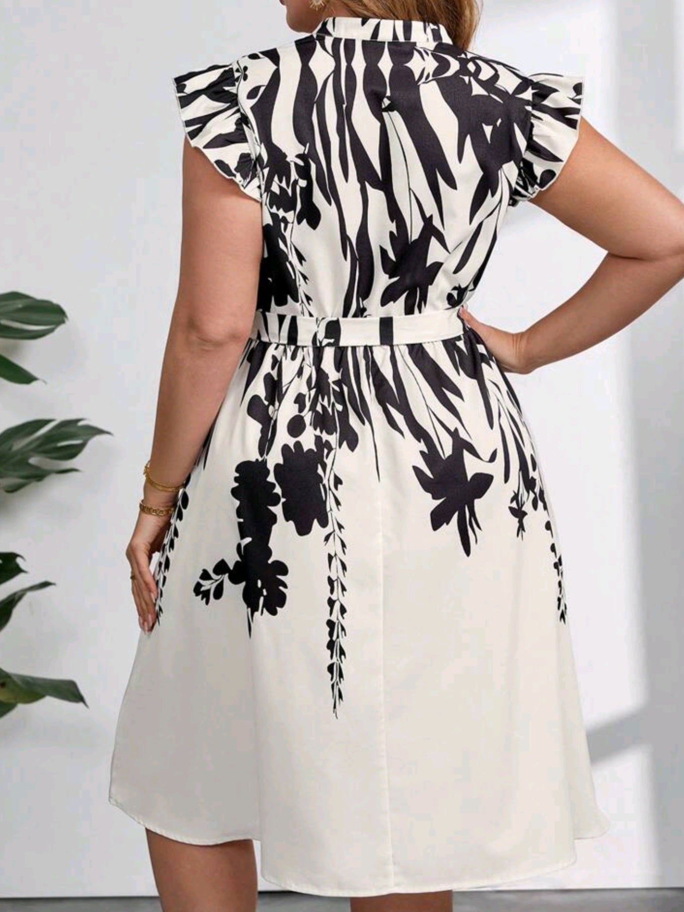 #9663 Notched Neck Ruffle Trim Belt Dress