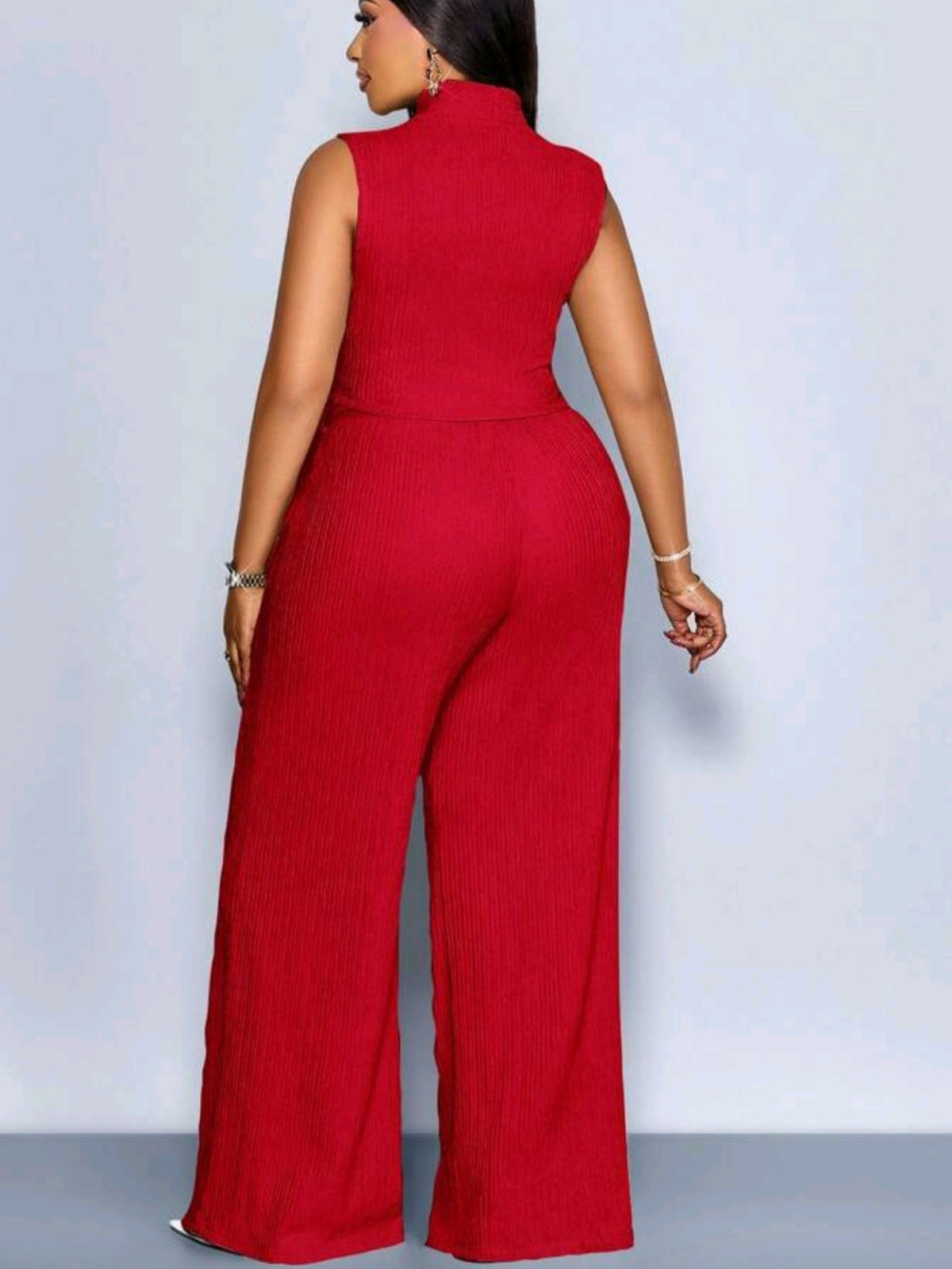 5405 Neck Wrap Belted Tie Knot Slim Shirt Tops & Wide Leg Pants