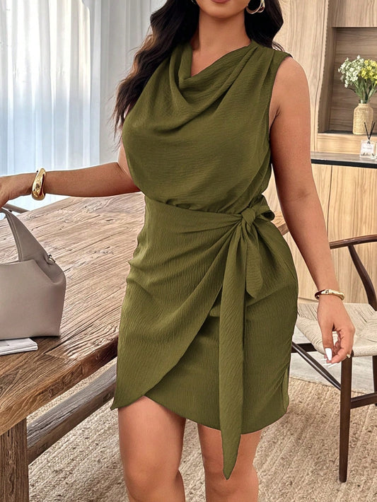7327 Solid Color Draped Neck Twist Waist Sleeveless Dress