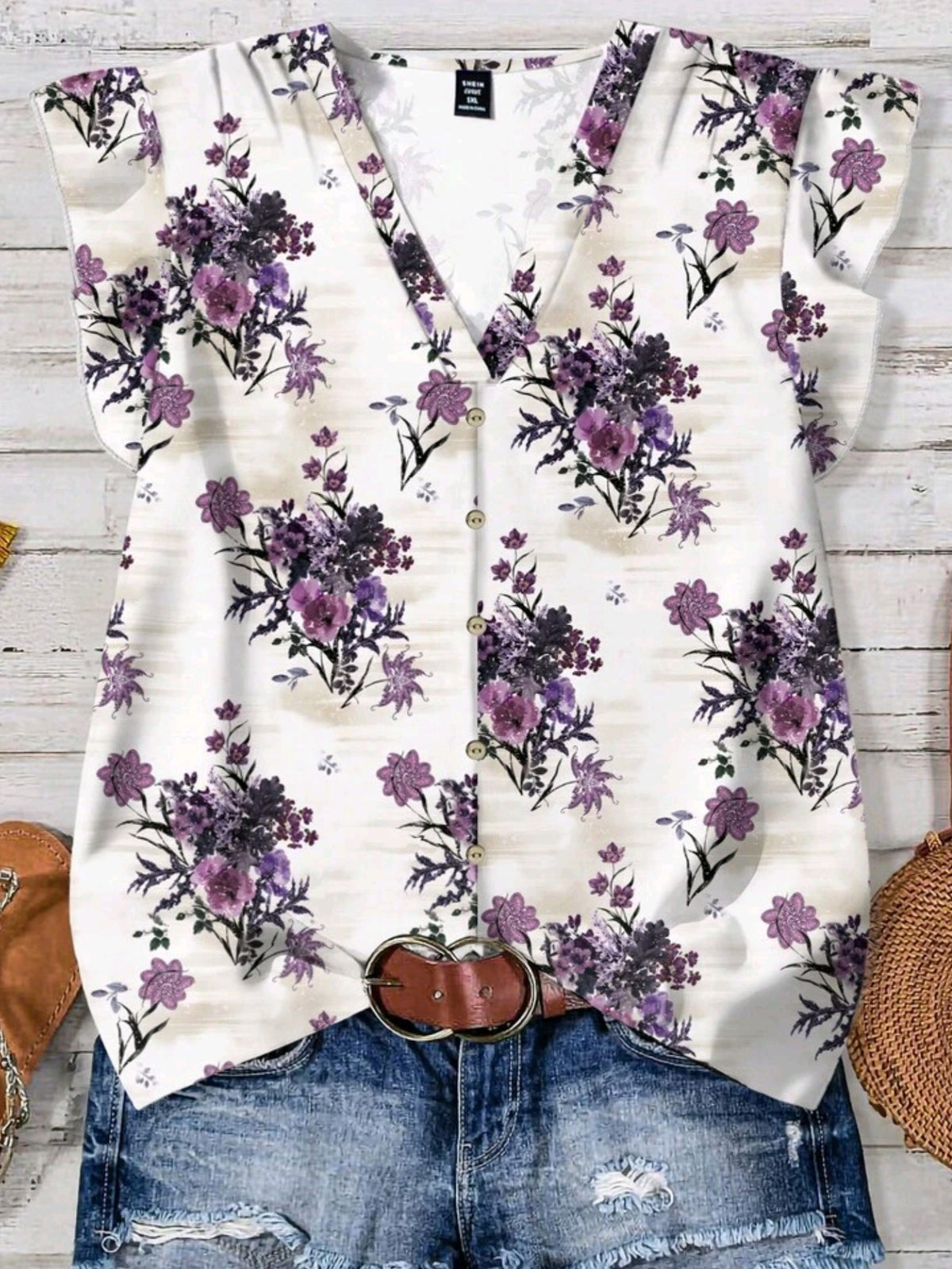 8567  V-Neck Ruffle Trim Blouse