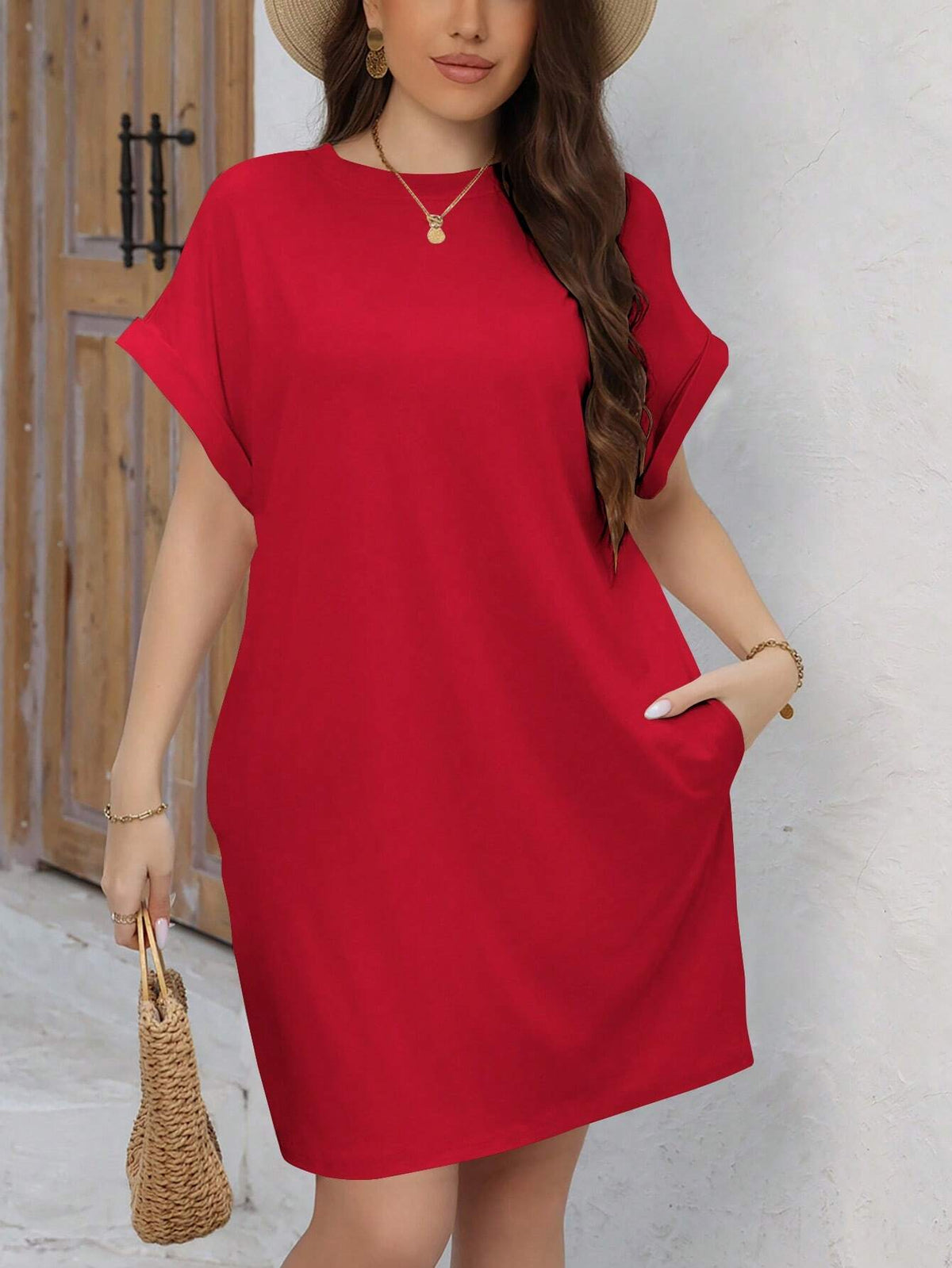 6613 Batwing Sleeve Dress With Diagonal Pockets