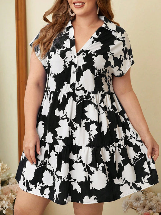 2844 Batwing Sleeve Ruffle Hem Smock Dress