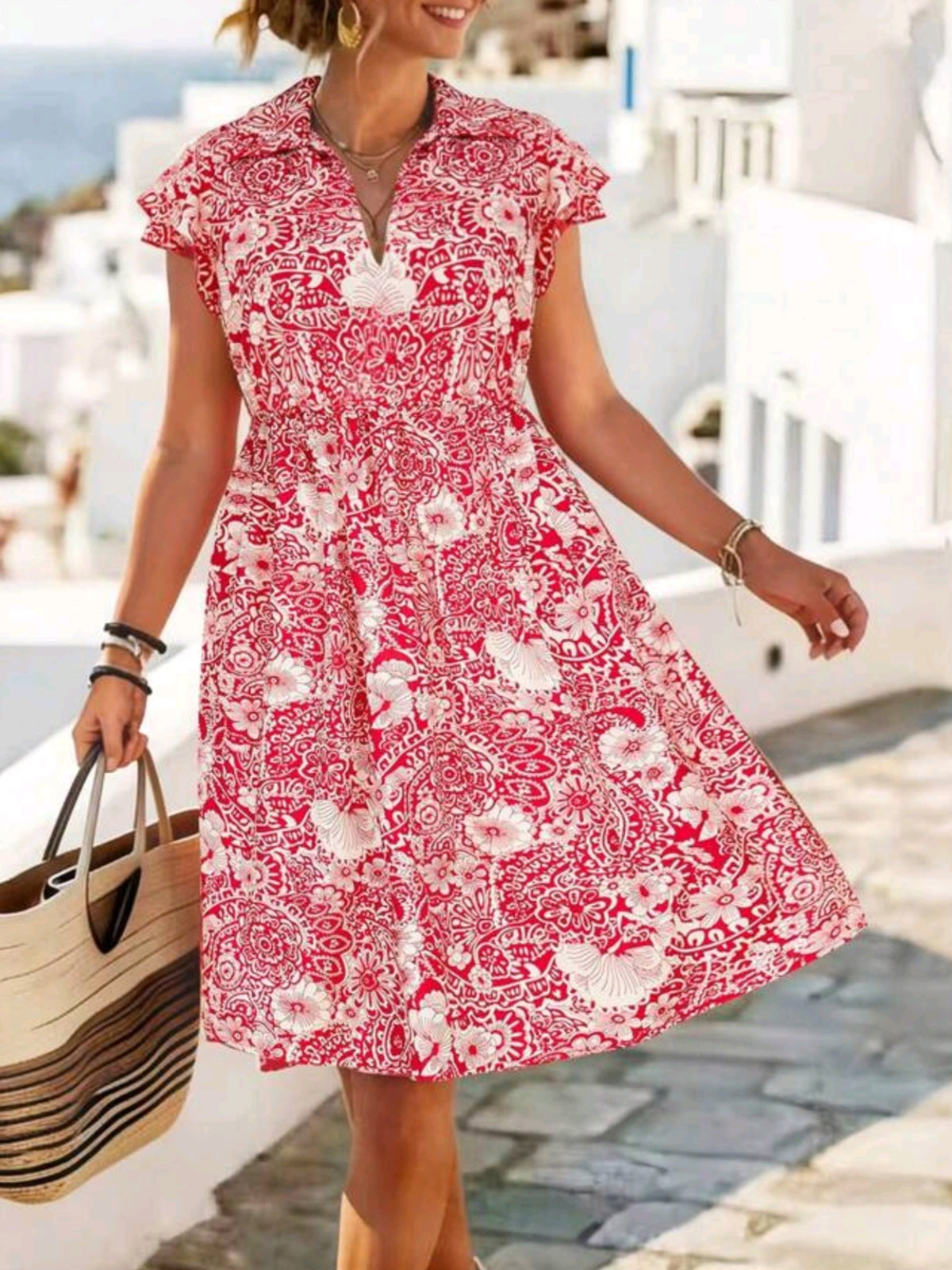 5775 Cap Sleeve Lapel Floral Dress