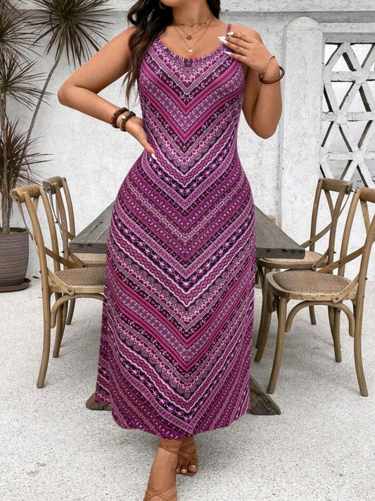 0395 Boho Vintage Style Striped Printing Spaghetti Strap Dress