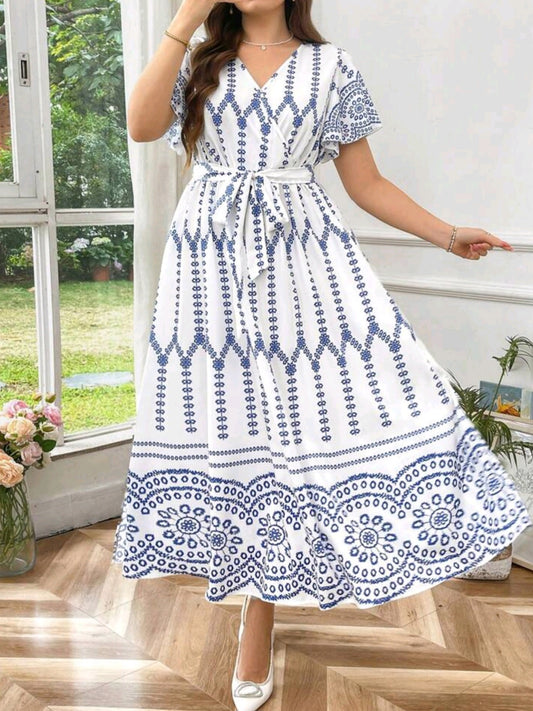 #9079 V-Neck Loose Fit Random Retro Print Dress
