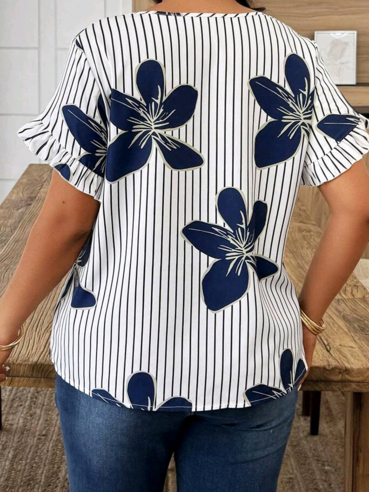 4887 Puff Sleeve Striped Floral Blouse