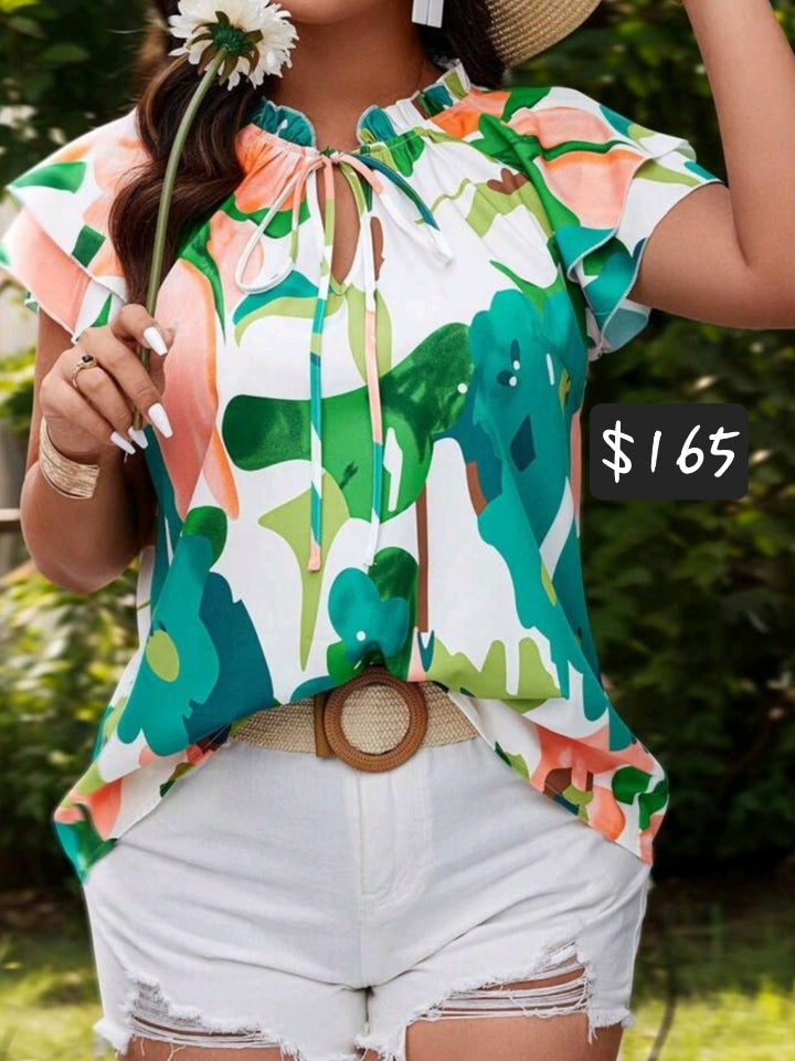 #1719 Random Printed Ruffled Sleeve Blouse