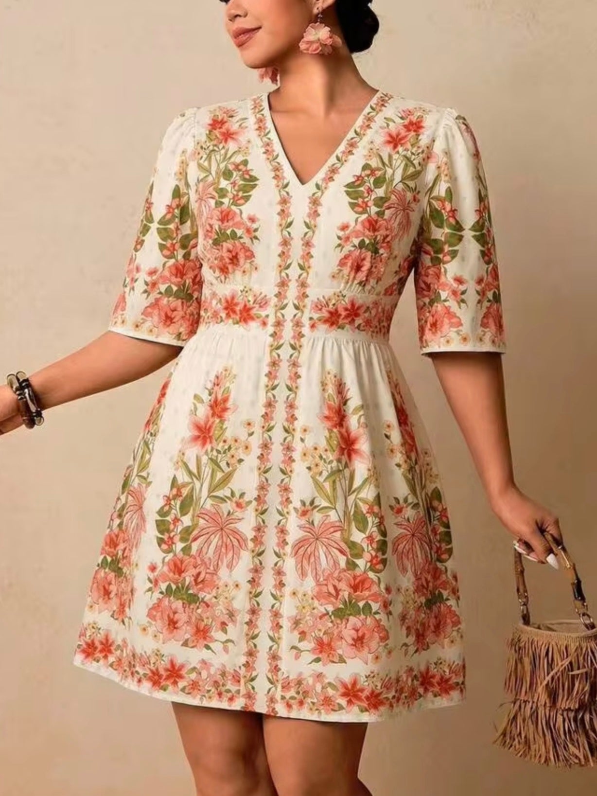 1788 V-Neck Short Sleeve Waist Cinched Dress