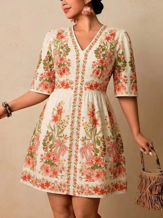 1788 V-Neck Short Sleeve Waist Cinched Dress