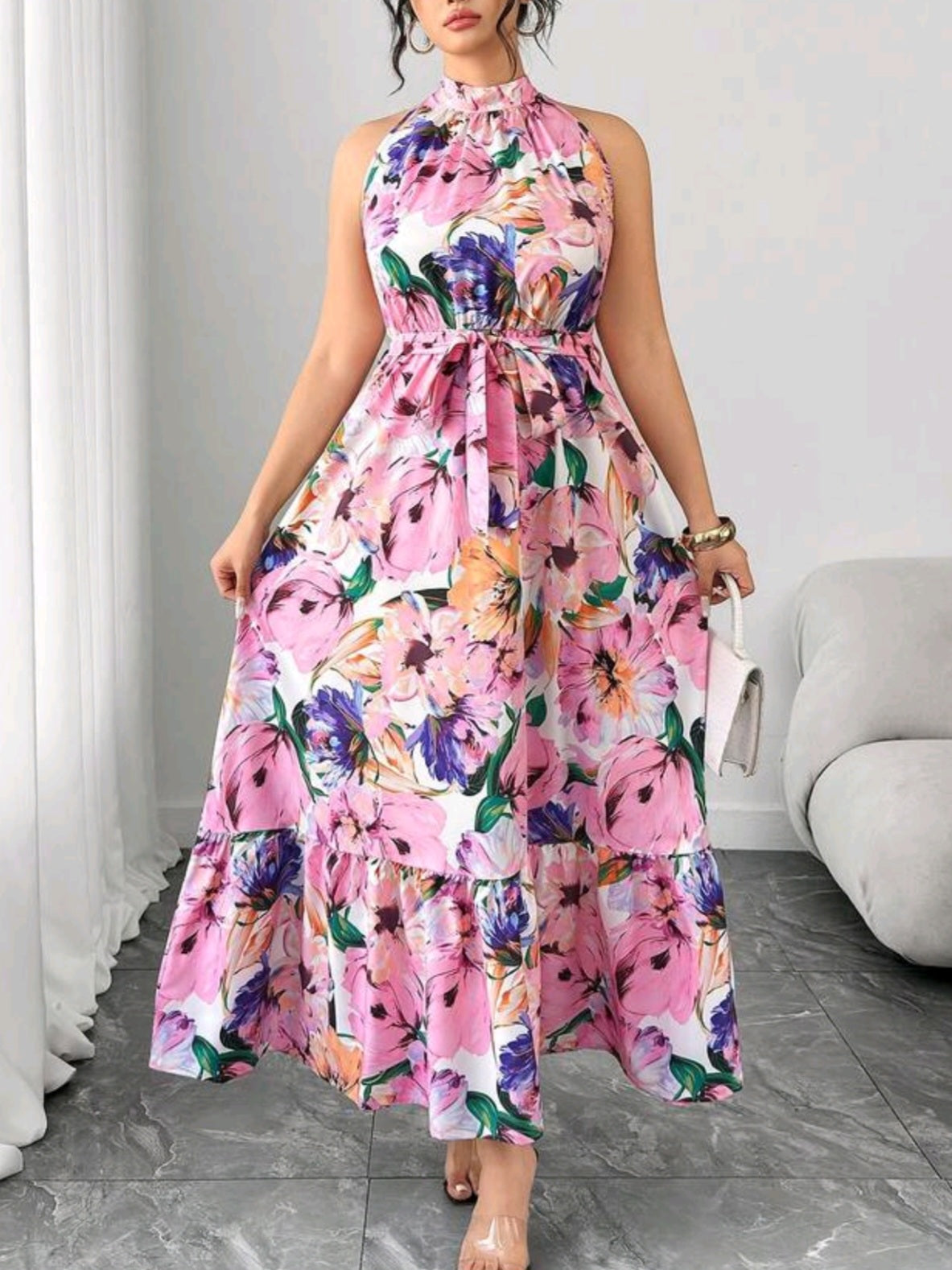 2423 Floral Print Tie Waist Dress
