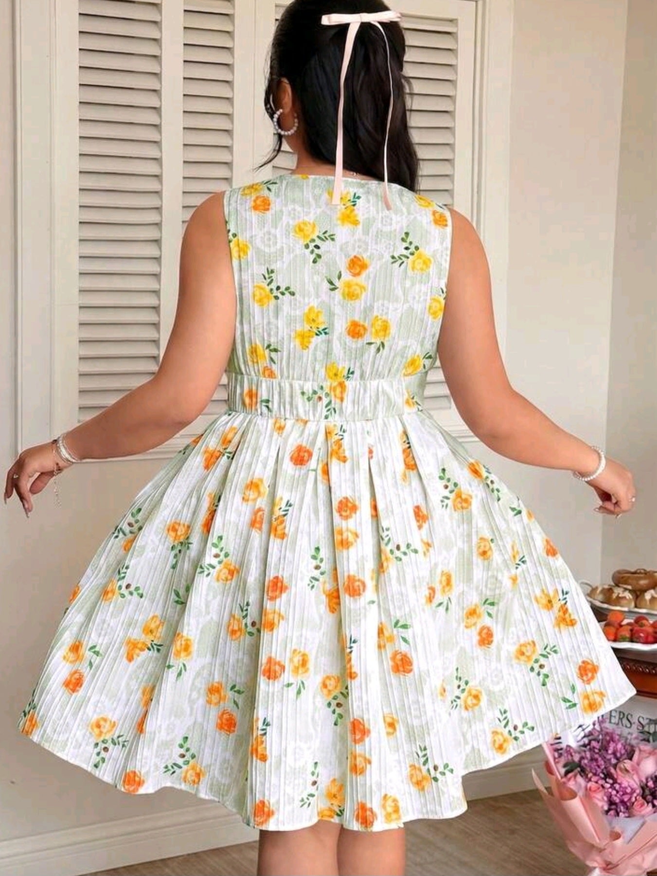 0606 Floral Print Pleated Dress