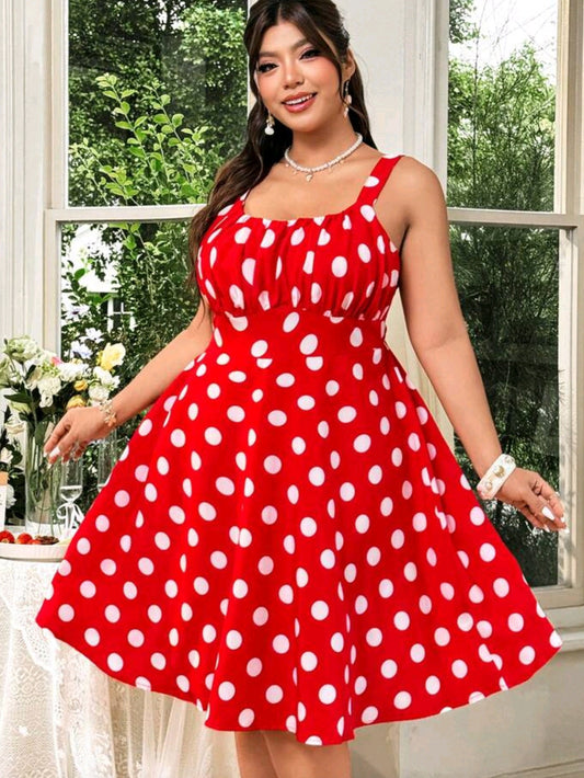 7386 Polka Dot Print Pleated Dress