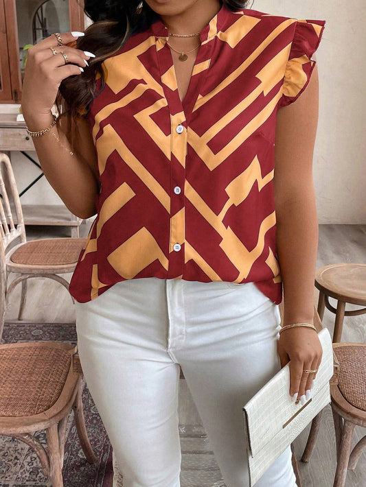 #7441 Notched V-Neck Ruffle Hem Shirt