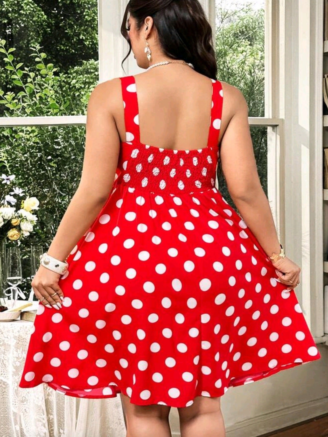 7386 Polka Dot Print Pleated Dress